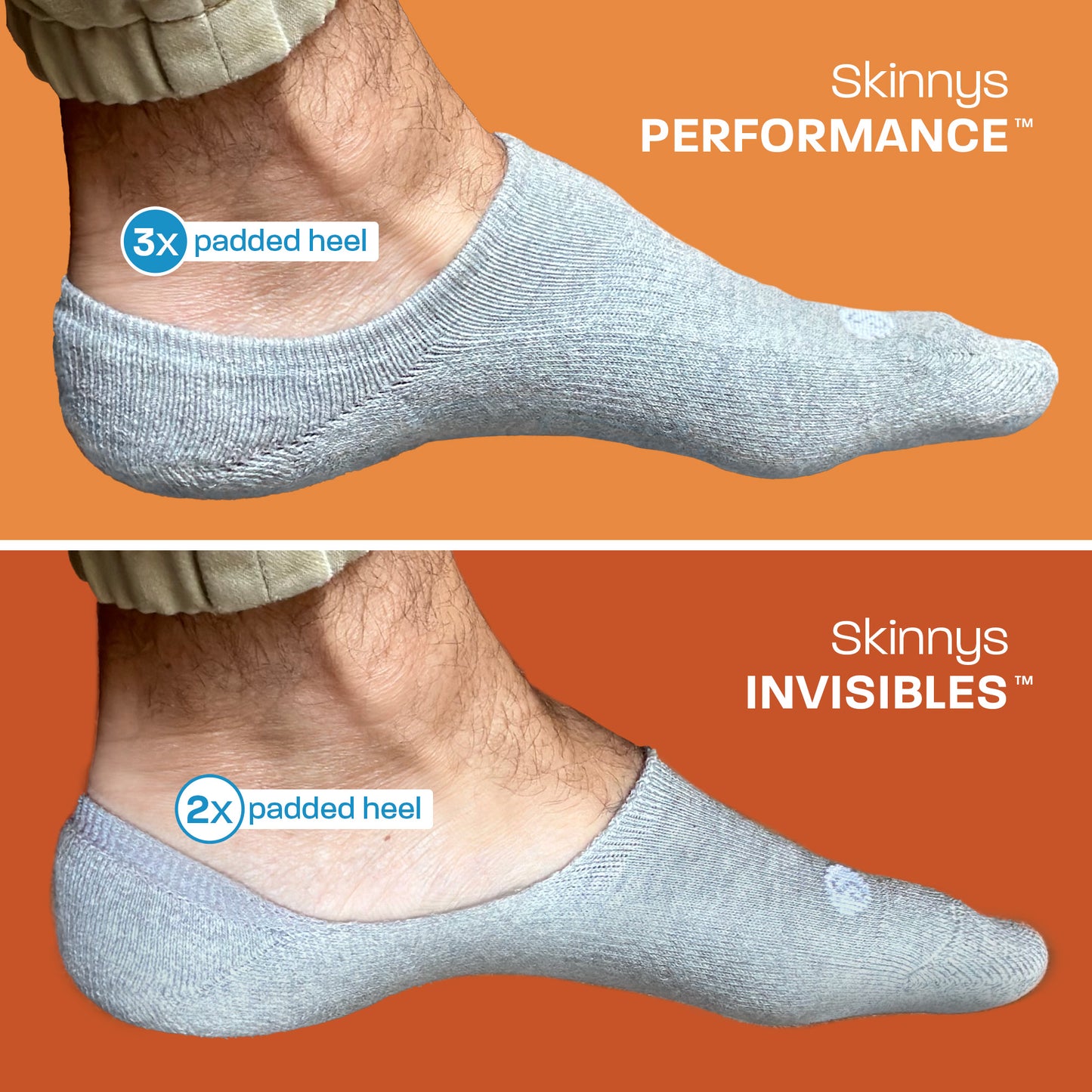 Photo comparing the cut of Skinnys Performance No Show Socks to Skinnys Invisibles No Show Socks