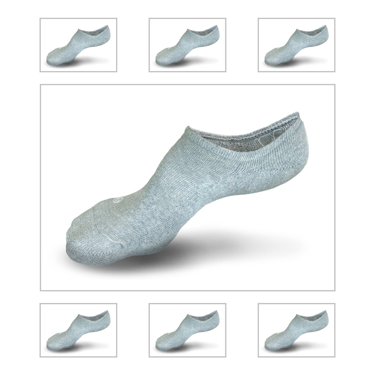 Photorealistic illustration of Skinnys Performance padded-heel sock (duplicated 7 times) on an invisible foot revealing the fit
