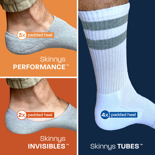 Comparison photo showing three different styles of Skinnys: Skinnys Performance No-Show Socks (3x padded heel), Skinnys Invisibles No-Show Socks (2x padded heel), and Skinnys Tubes Mid-Calf Crew Socks (4x padded heel)