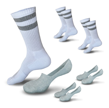 Photorealistic illustration of Skinnys Weekender Pack padded-heel socks on invisible feet revealing the fit of Skinnys Tubes (2) and Skinnys Invisibles (2)