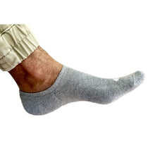 Load image into Gallery viewer, Photograph of a Skinnys Performance padded-heel sock on a man&#39;s foot from the side, on a white studio background, revealing low-cut nature of sock
