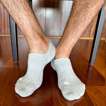 Load image into Gallery viewer, Photo of man&#39;s legs and feet wearing Skinnys Performance padded-heel socks
