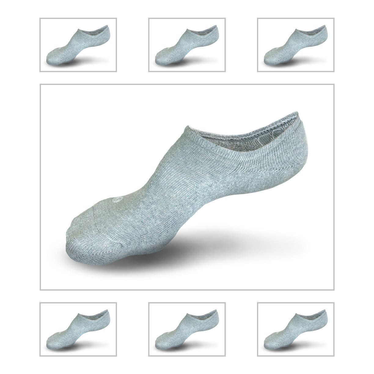 Photorealistic illustration of Skinnys Performance padded-heel sock (duplicated 7 times) on an invisible foot revealing the fit