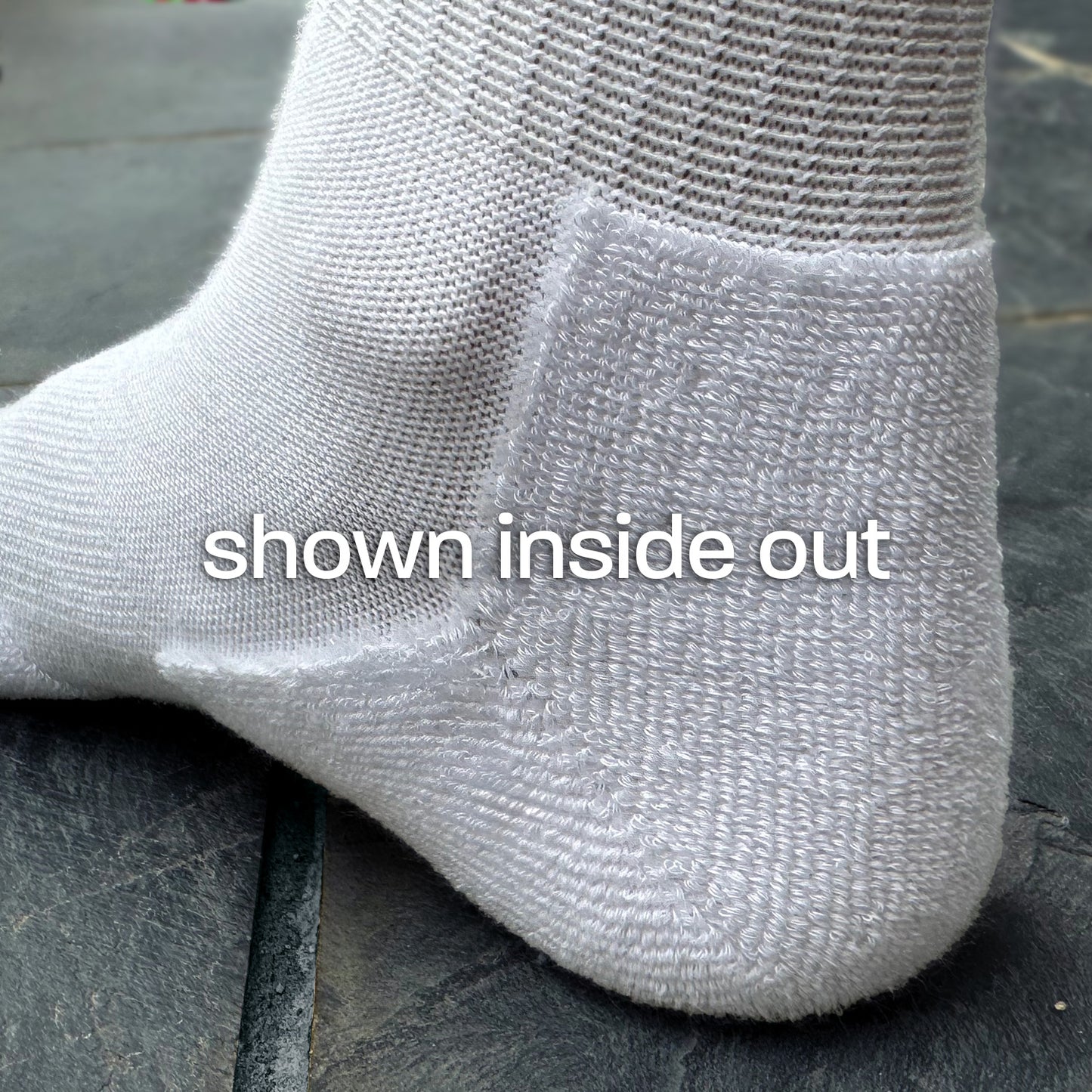 Photo showing close-up of Skinnys Tubes sock heel-cup inside out on a woman's foot, revealing TerryWrap heel and achilles padding