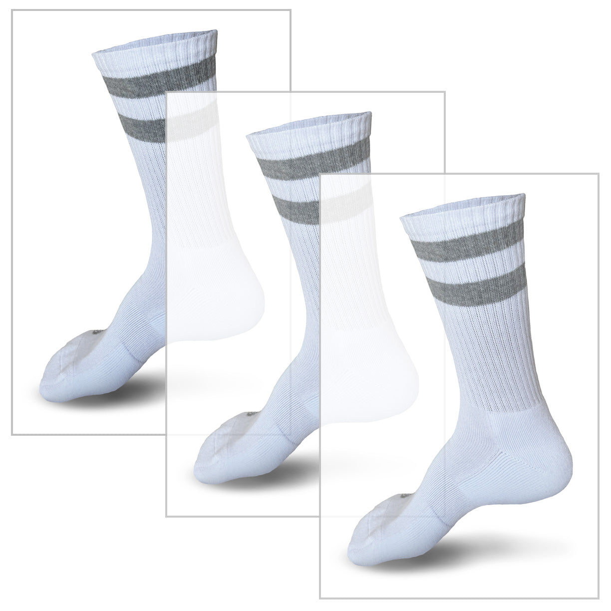 Photorealistic illustration of Skinnys Tubes crew socks, shown 3 times