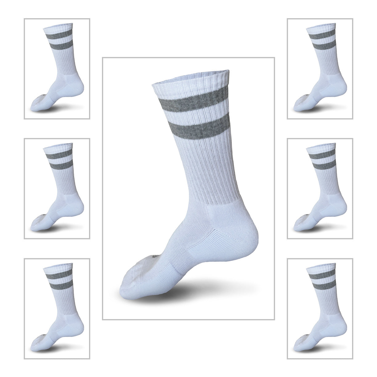 Photorealistic illustration of Skinnys Tubes crew socks, shown 7 times