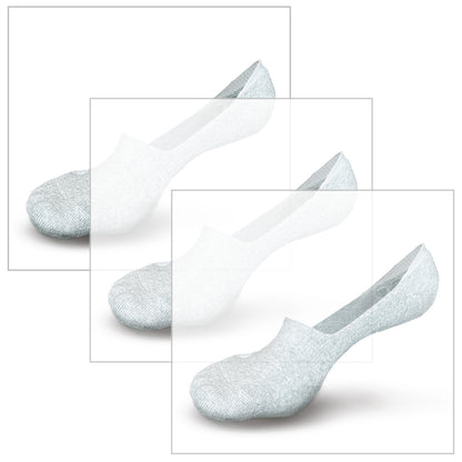 Photorealistic illustration of Skinnys padded-heel sock (duplicated 3 times) on an invisible foot revealing the fit